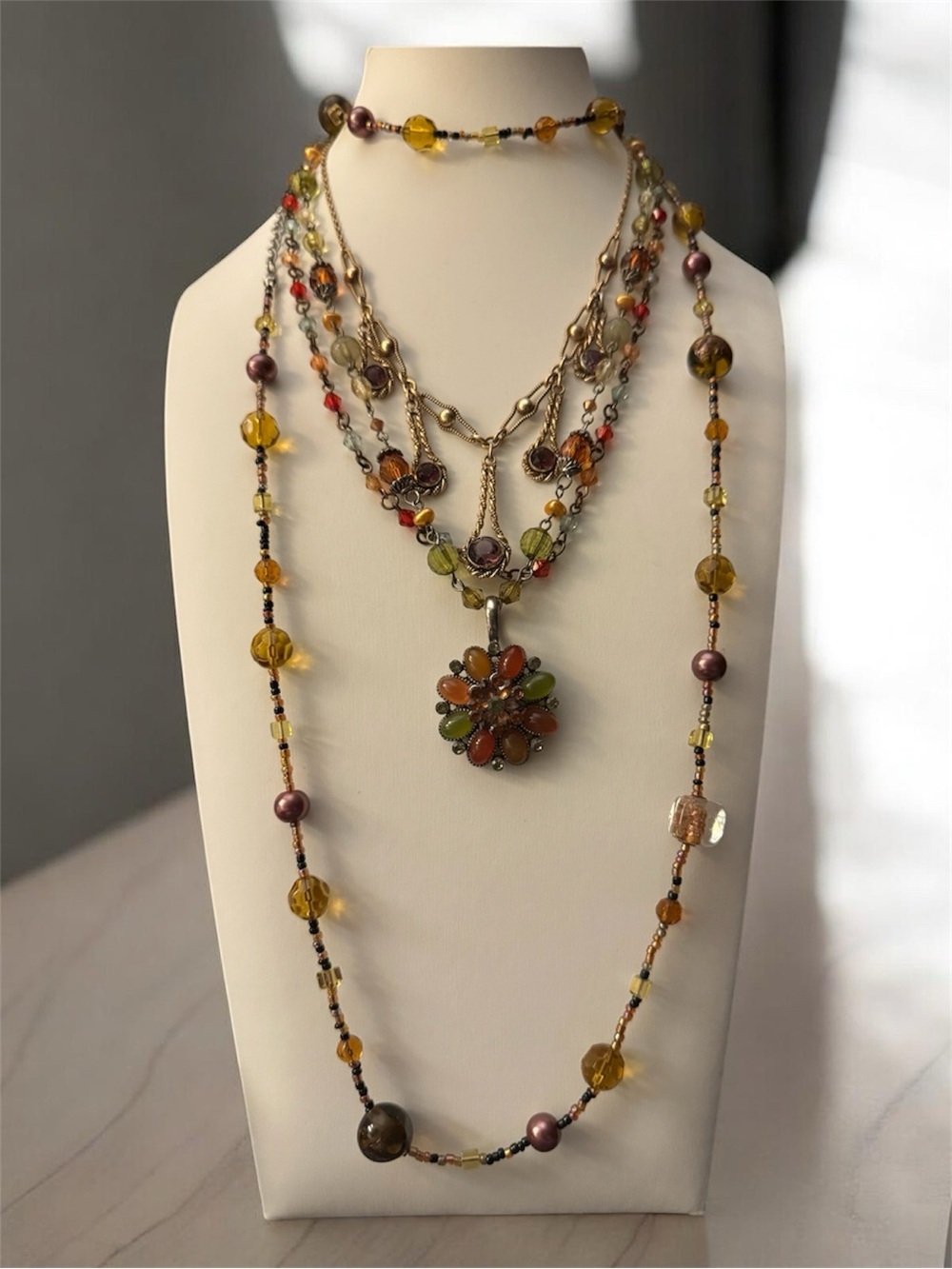 Multi-Layer Autumn Bead Pendant Necklaces (4)- Green & Amber